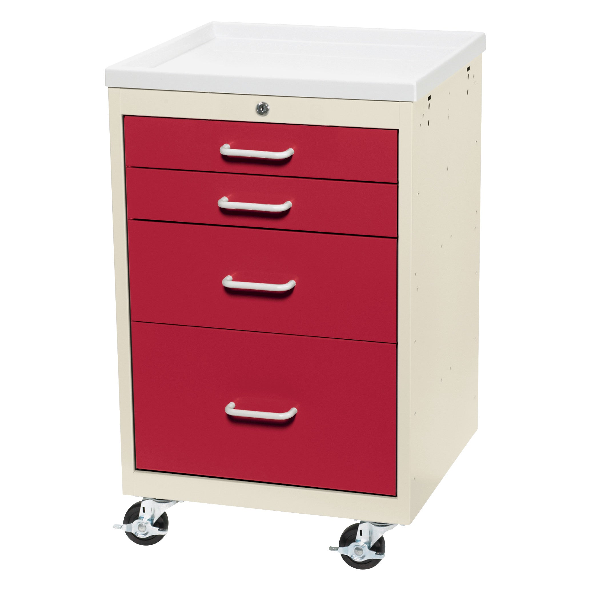 AliMed Mini Series 4-Drawer Anesthesia/Procedure Cart with Key Lock, featuring red drawers, white handles, and four wheels.