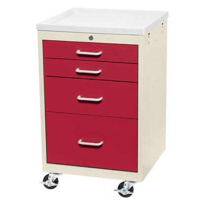 AliMed Mini Series 4-Drawer Anesthesia/Procedure Cart with Key Lock, featuring red drawers, white handles, and four wheels.