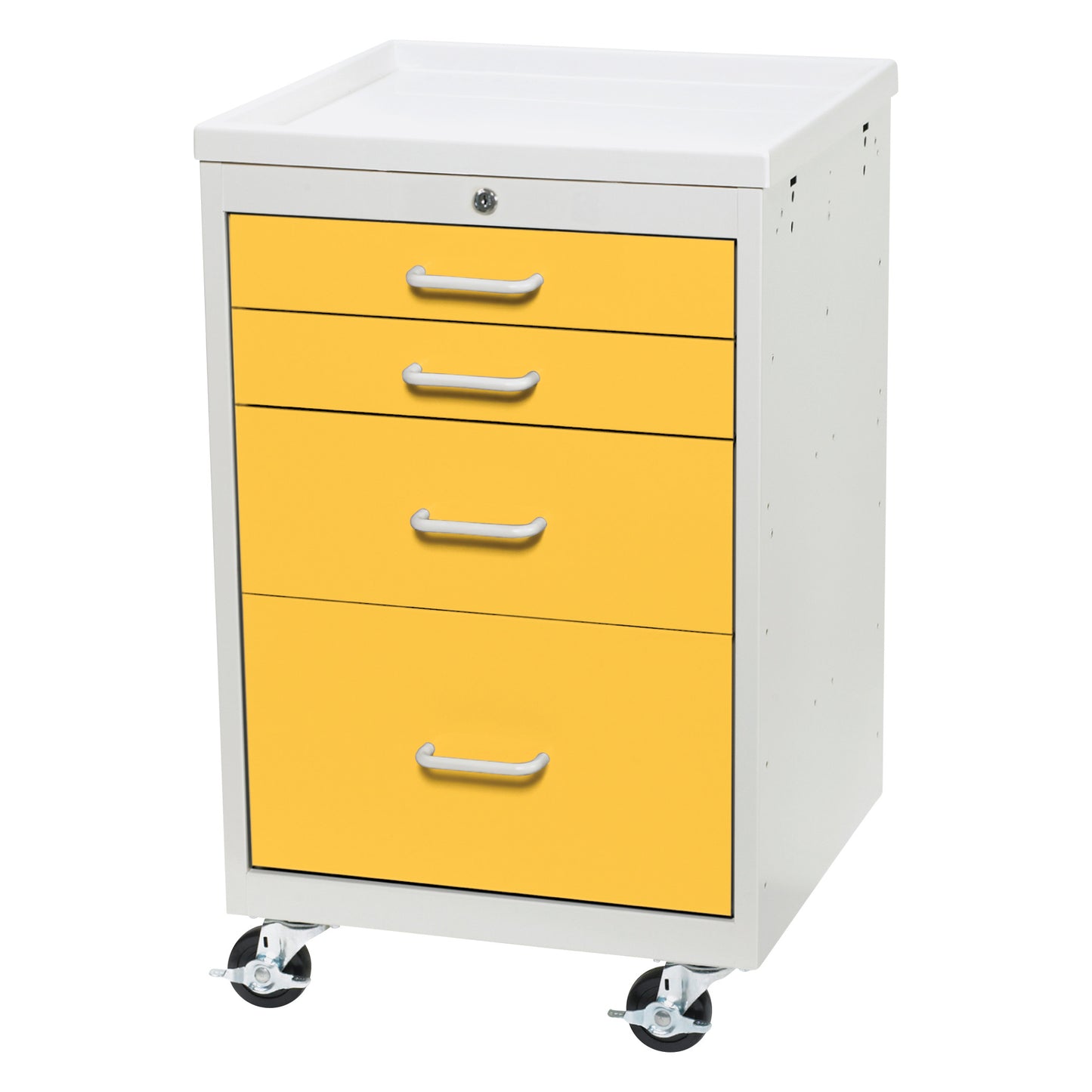 AliMed Mini Series 4-Drawer Anesthesia/Procedure Cart with Key Lock, featuring a yellow front, four drawers, and locking wheels.