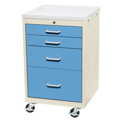 AliMed Mini Series 4-Drawer Anesthesia/Procedure Cart with Key Lock features blue drawers, a beige body, and four caster wheels.
