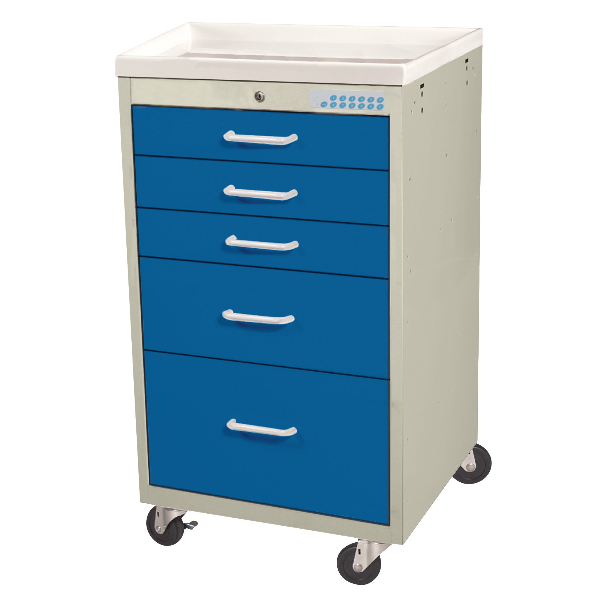AliMed Mini Series 5-Drawer Anesthesia/Procedure Cart with Electronic Lock; blue drawers, white top, and four wheels.
