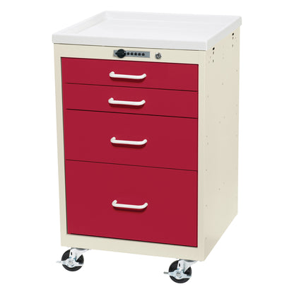 AliMed Mini Series 4-Drawer Anesthesia/Procedure Cart with Push-Button Lock, featuring four red drawers and rolling wheels.
