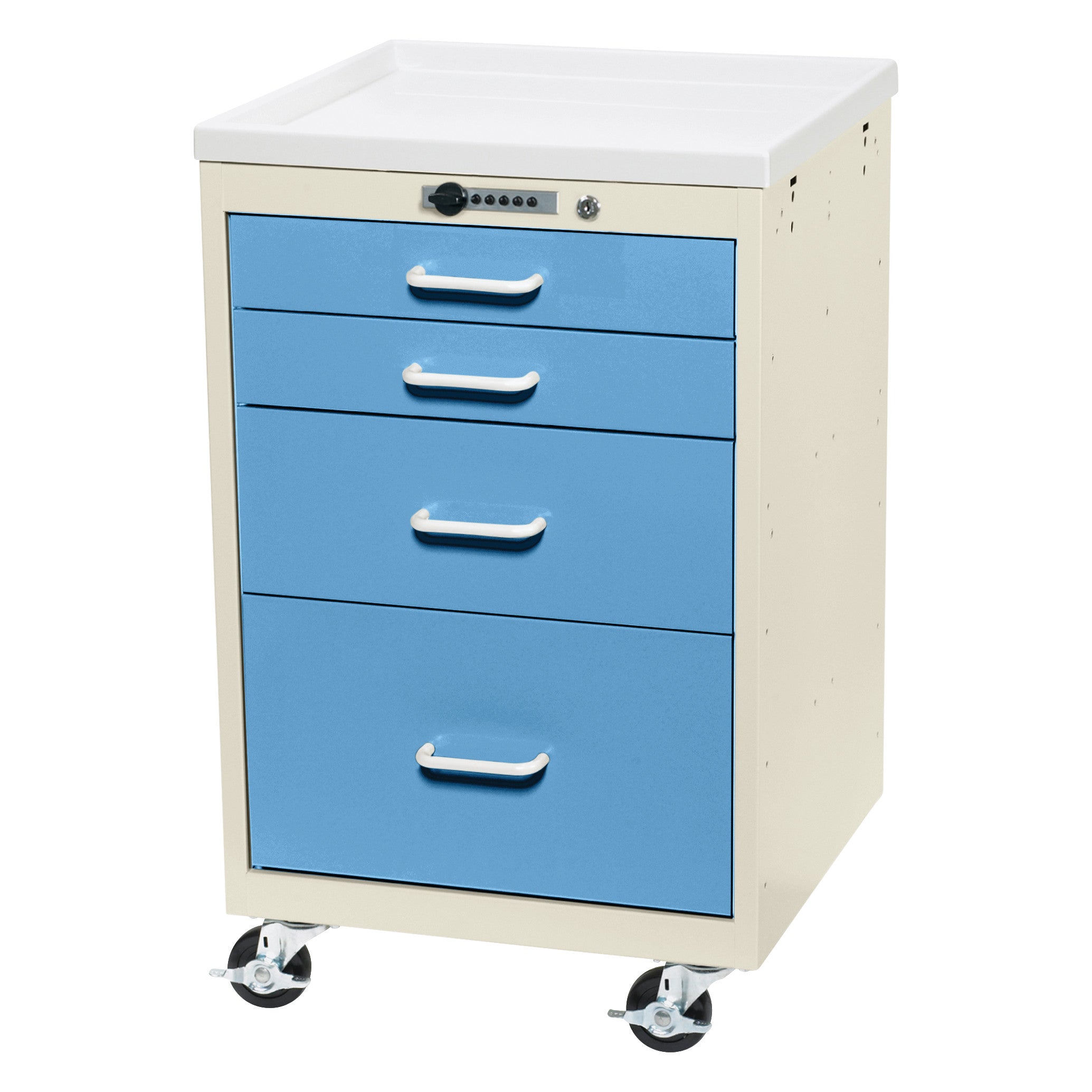 AliMed Mini Series 4-Drawer Anesthesia/Procedure Cart with Push-Button Lock. Blue drawers, white top, beige sides, and wheels.