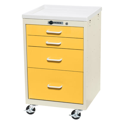 AliMed Mini Series 4-Drawer Anesthesia/Procedure Cart with Push-Button Lock, featuring yellow drawers, white top, and caster wheels.