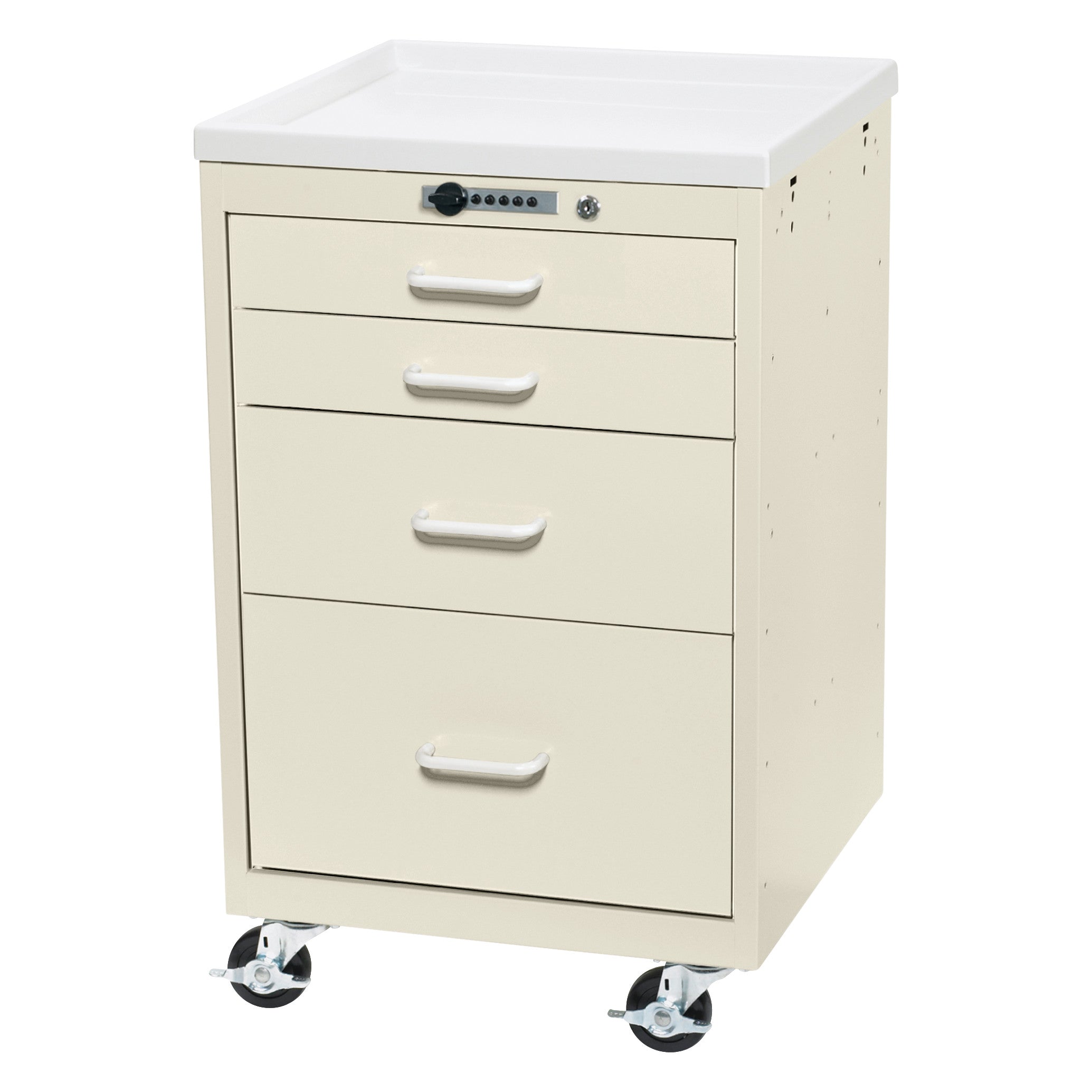 AliMed Mini Series 4-Drawer Anesthesia/Procedure Cart with Push-Button Lock, featuring four drawers and caster wheels for mobility.