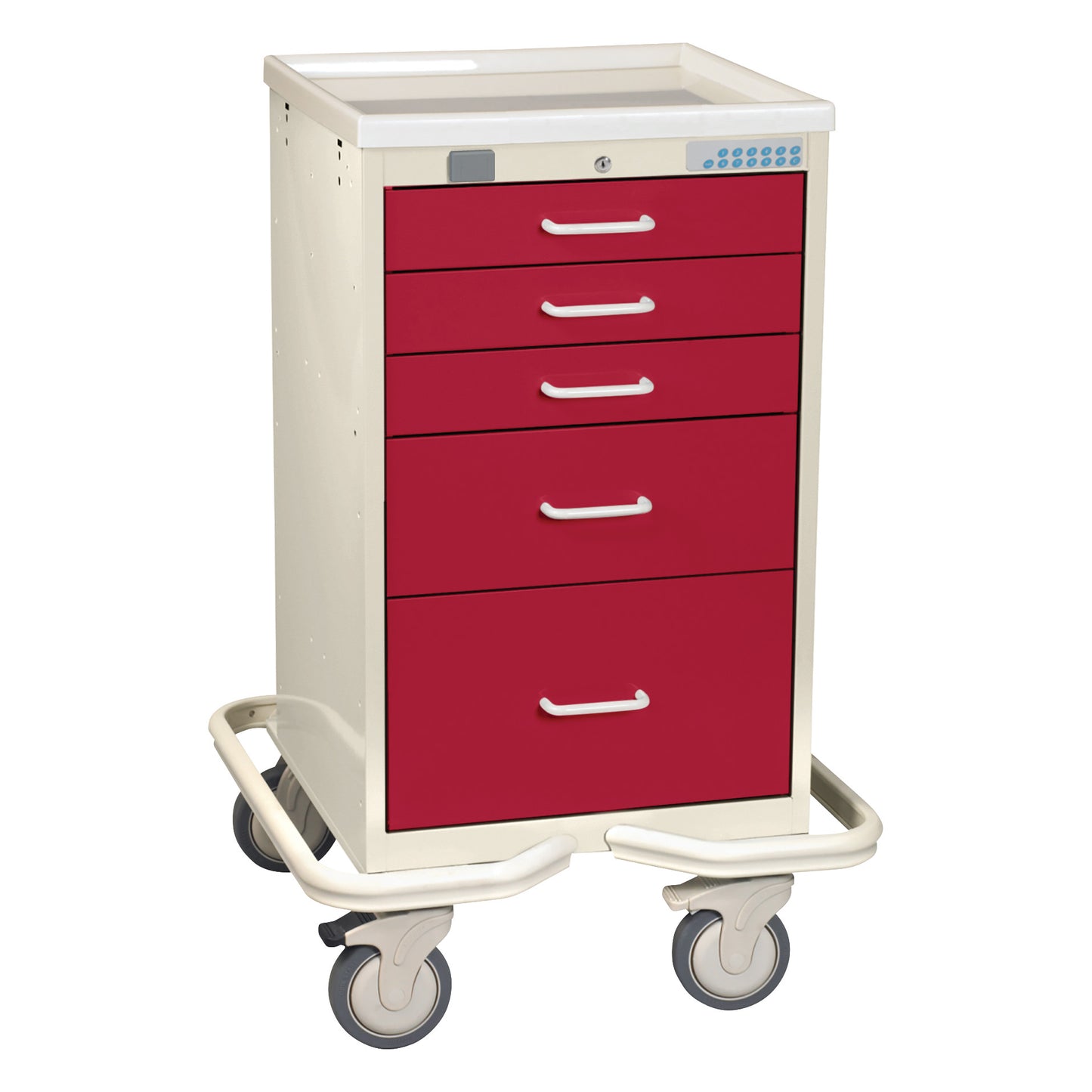AliMed Mini Series 5-Drawer Anesthesia/Procedure Tower Cart with Proximity Lock, featuring red drawers and swivel casters.