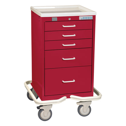 AliMed Mini Series 5-Drawer Anesthesia/Procedure Tower Cart with Proximity Lock, red, on wheels with a white protective frame.