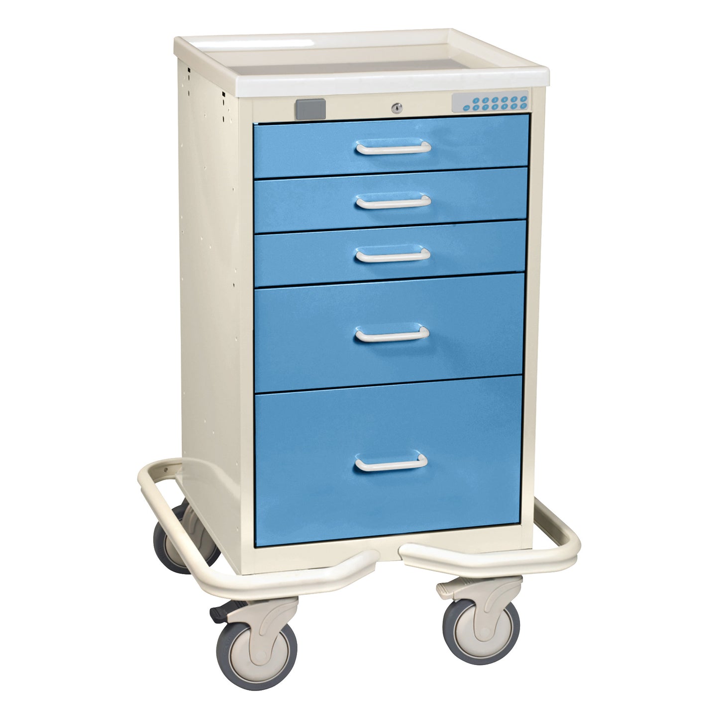 AliMed Mini Series 5-Drawer Anesthesia/Procedure Tower Cart with Proximity Lock featuring blue drawers and large wheels.