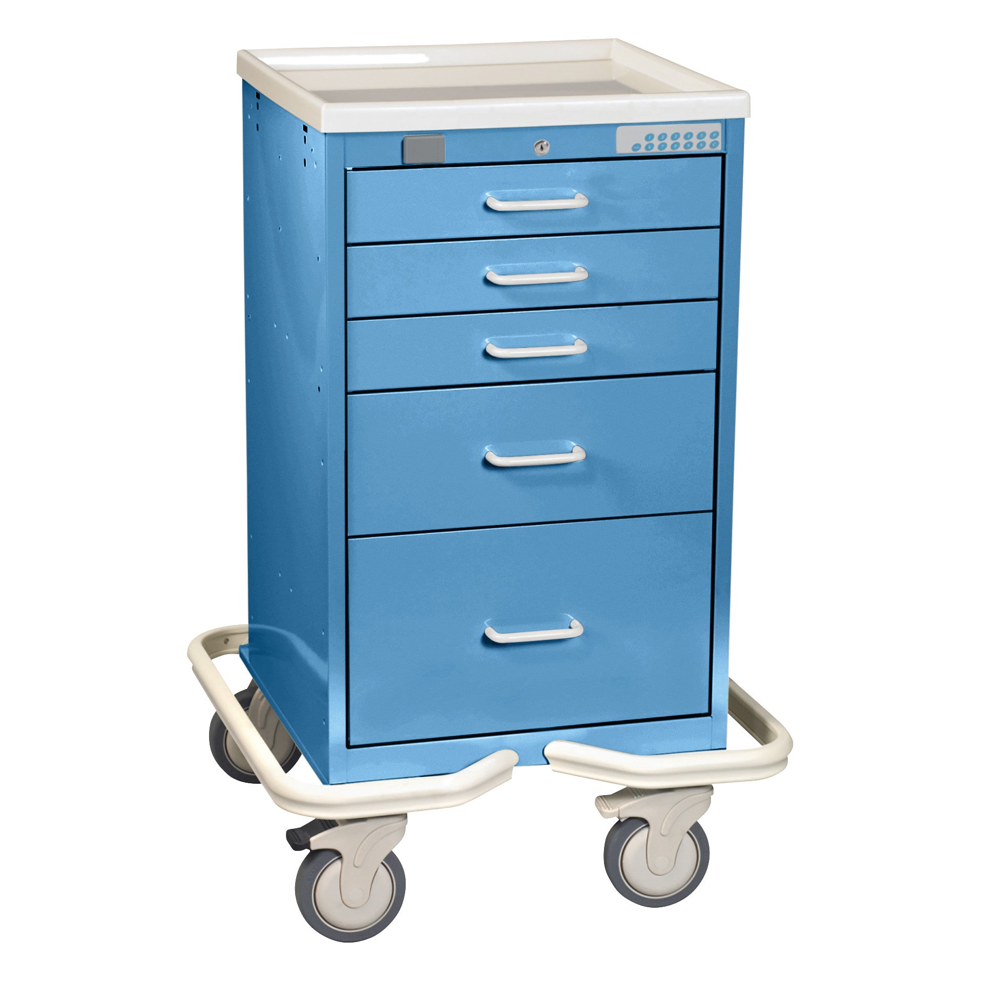 Blue AliMed Mini Series 5-Drawer Anesthesia/Procedure Tower Cart with Proximity Lock, featuring large wheels and a white top.