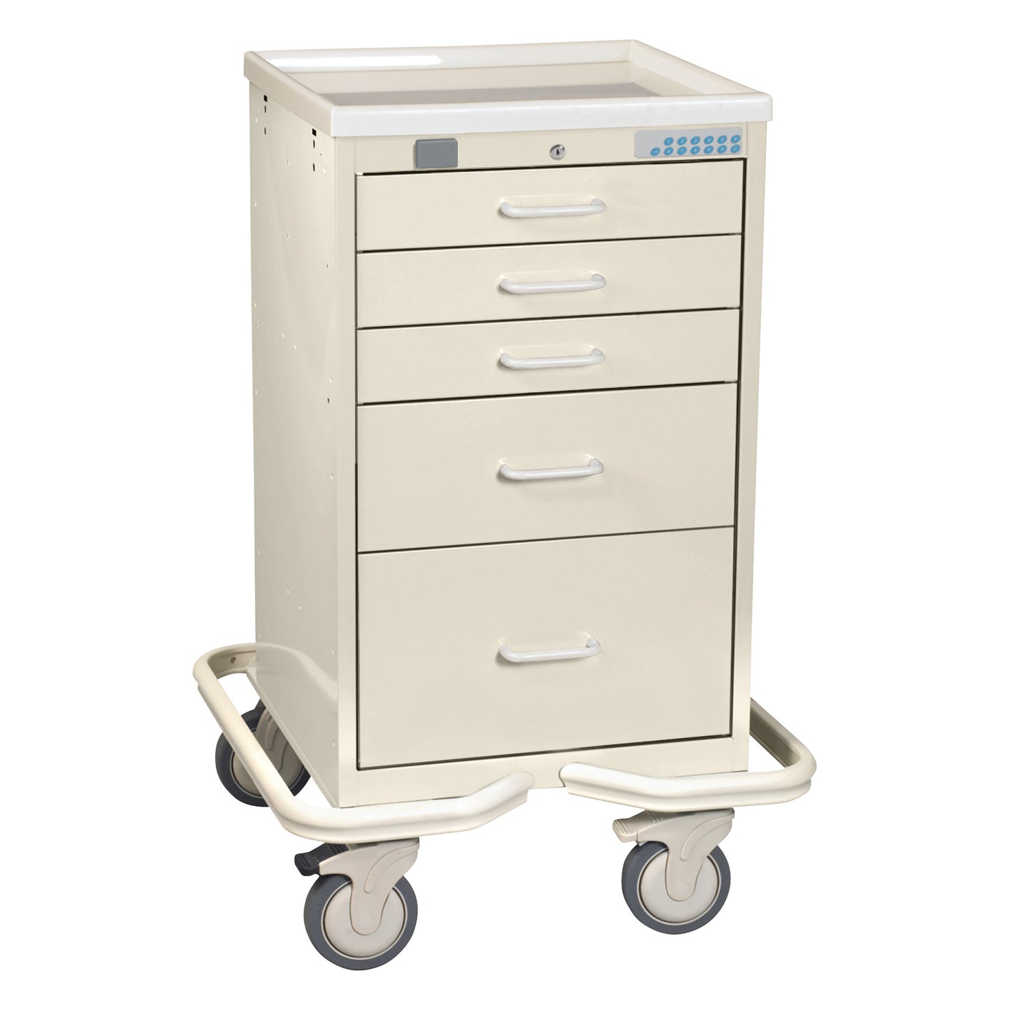 The AliMed Mini Series 5-Drawer Anesthesia/Procedure Tower Cart with Proximity Lock has four caster wheels and five drawers.