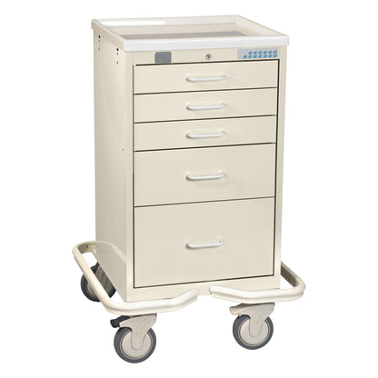 The AliMed Mini Series 5-Drawer Anesthesia/Procedure Tower Cart with Proximity Lock has four caster wheels and five drawers.