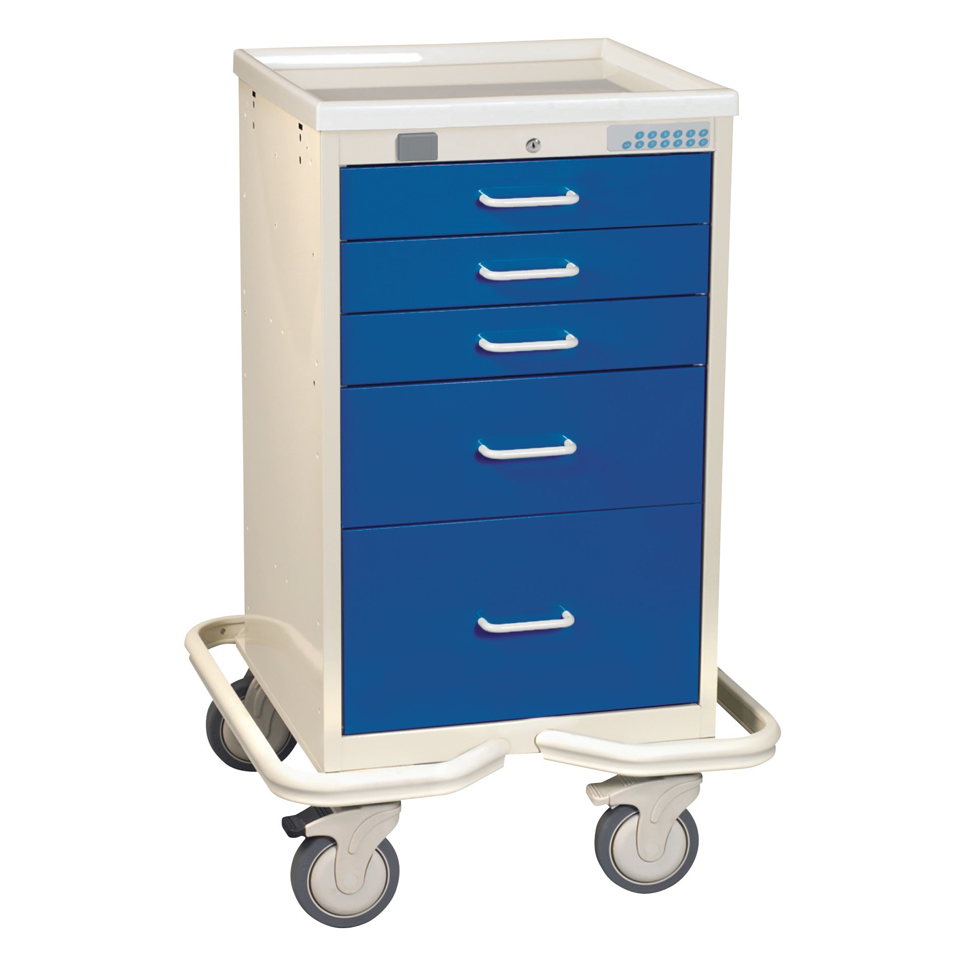 AliMed Mini Series 5-Drawer Anesthesia/Procedure Tower Cart with Proximity Lock, features blue drawers and caster wheels.