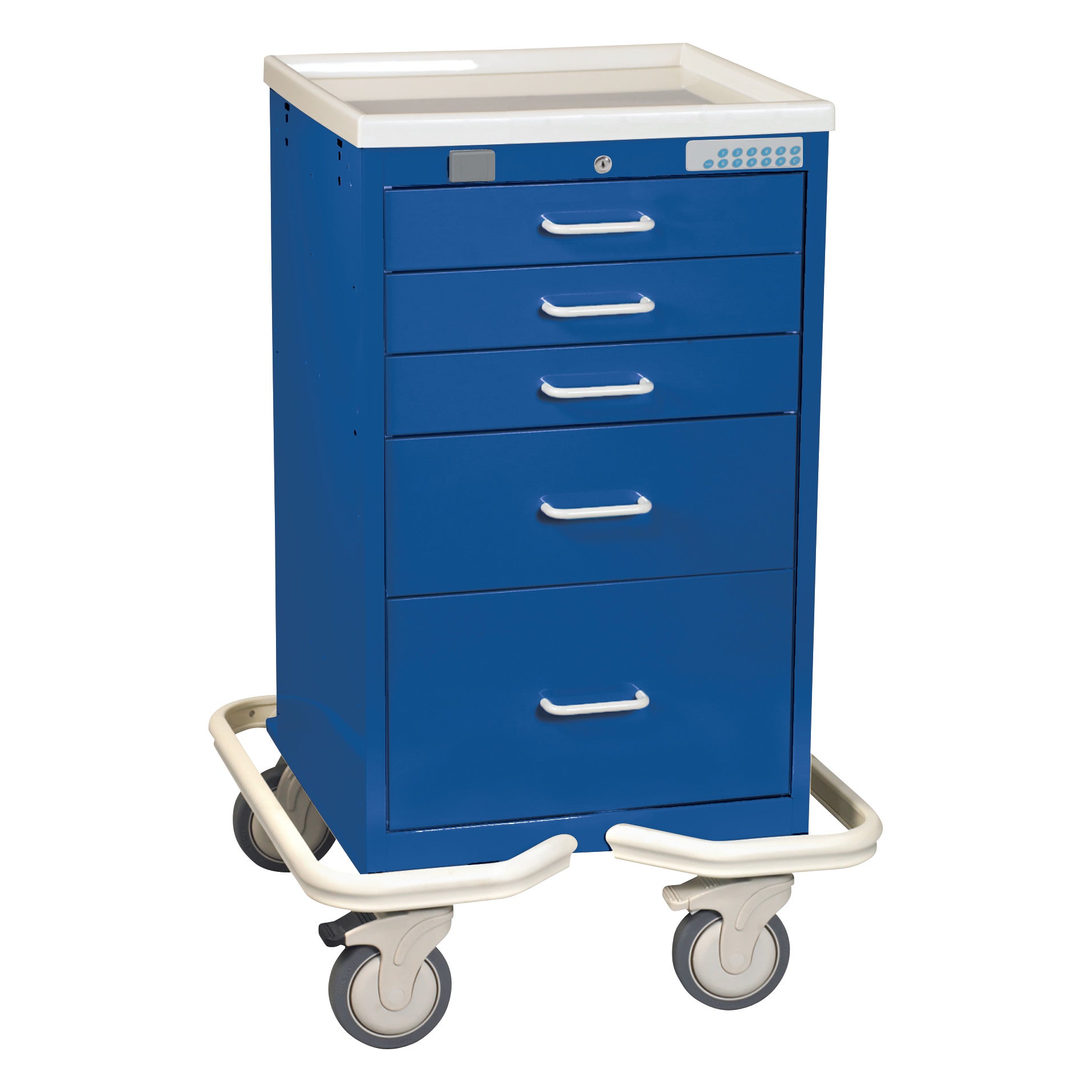 The AliMed Mini Series 5-Drawer Anesthesia/Procedure Tower Cart with Proximity Lock is a blue medical cart with wheels and five drawers.