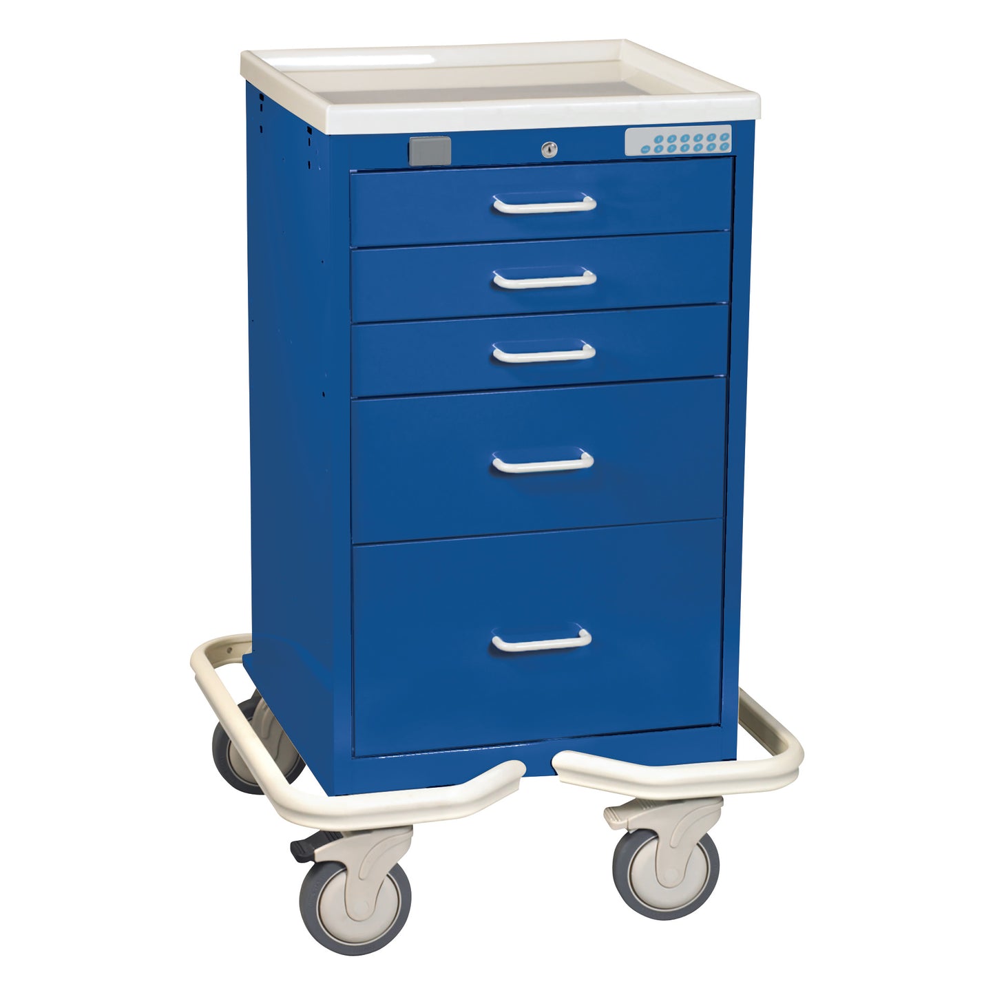 The AliMed Mini Series 5-Drawer Anesthesia/Procedure Tower Cart with Proximity Lock is a blue medical cart with wheels and five drawers.