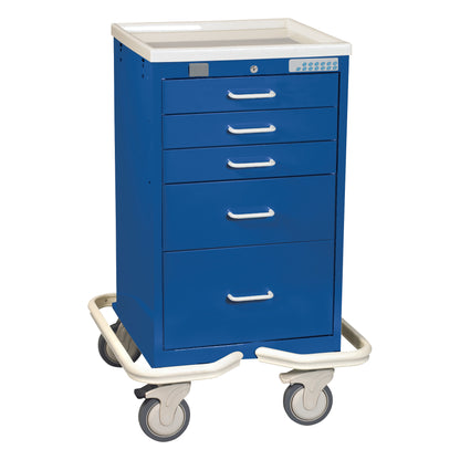The AliMed Mini Series 5-Drawer Anesthesia/Procedure Tower Cart with Proximity Lock is a blue medical cart with wheels and five drawers.