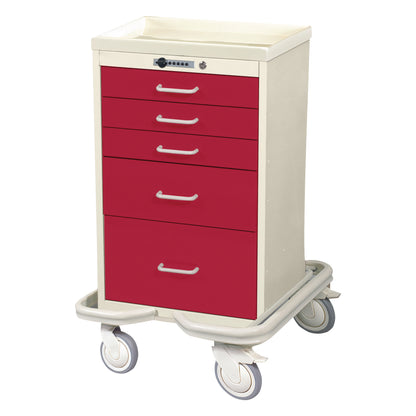 AliMed Mini Series 5-Drawer Anesthesia/Procedure Tower Cart with Push-Button Lock, featuring red drawers and four wheels.