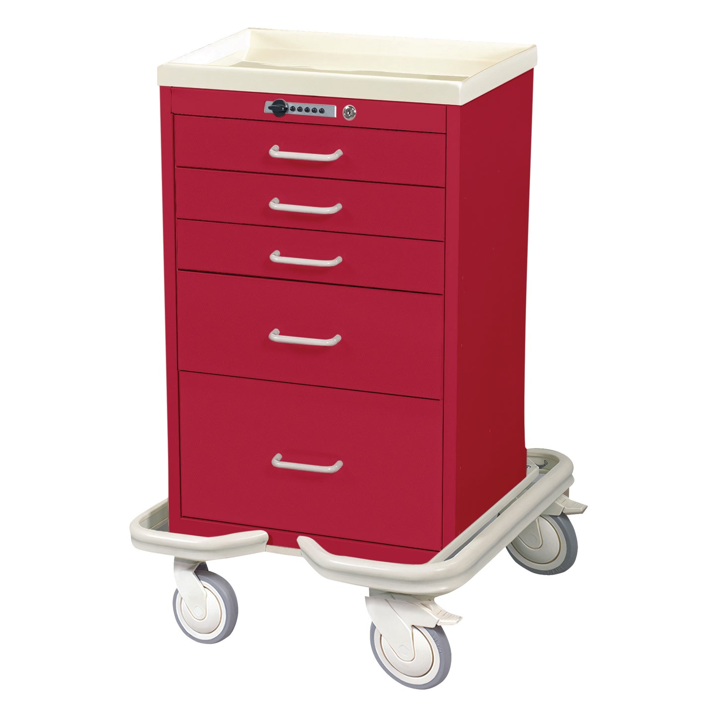 AliMed Mini Series 5-Drawer Anesthesia/Procedure Tower Cart with Push-Button Lock, in red, features five drawers and four wheels.