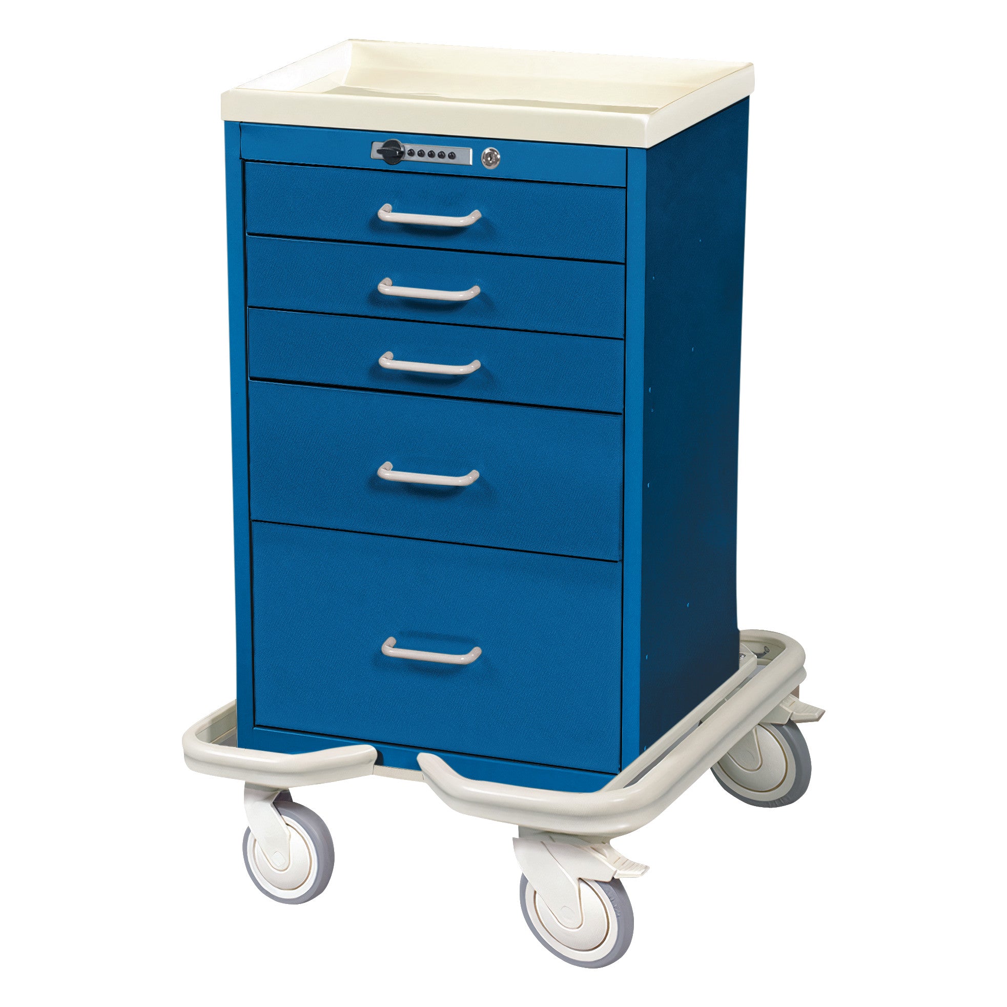 AliMed Mini Series 5-Drawer Anesthesia/Procedure Tower Cart with Push-Button Lock, featuring a blue body and four wheels.