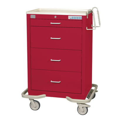 Red AliMed Standard Series 4-Drawer Isolation Cart with Proximity Lock, featuring four drawers and wheels for mobility.