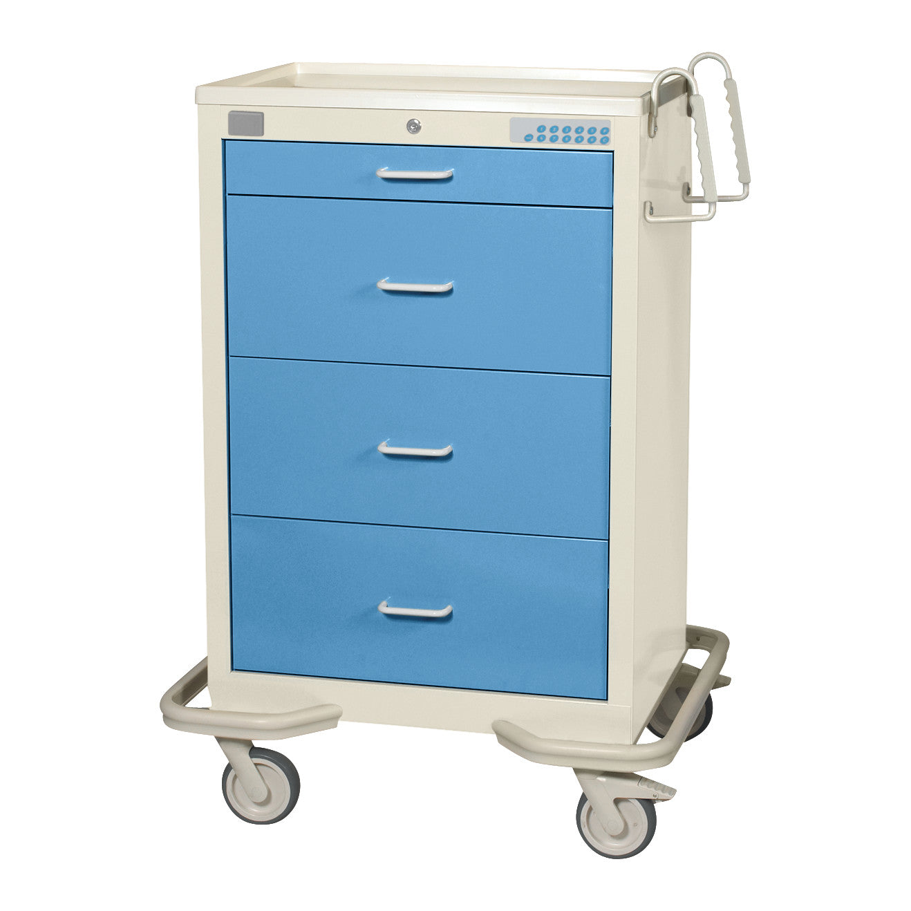 AliMed Standard Series 4-Drawer Isolation Cart with Proximity Lock, featuring blue drawers, handles, and swivel casters.