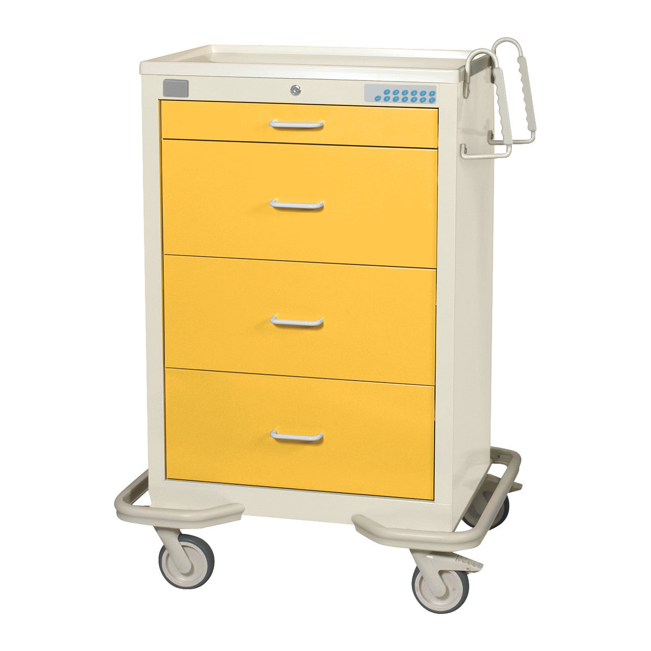 AliMed Standard Series 4-Drawer Isolation Cart with Proximity Lock, featuring yellow drawers, gray handles, and caster wheels.