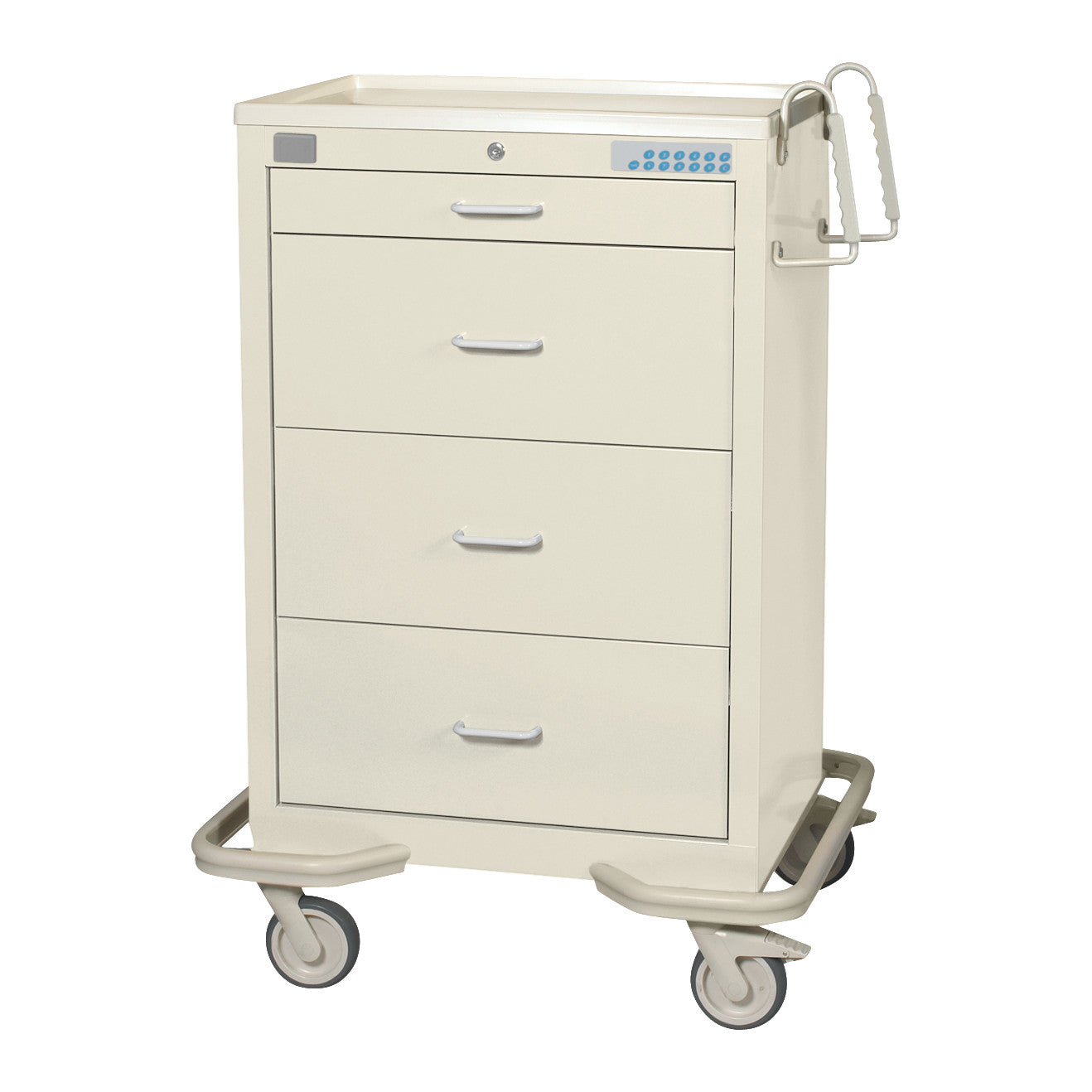 AliMed Standard Series 4-Drawer Isolation Cart with Proximity Lock, featuring four drawers and caster wheels for mobility.
