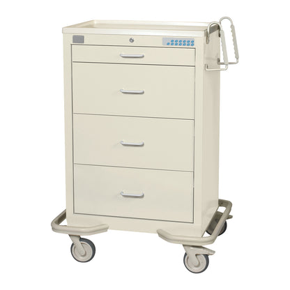 AliMed Standard Series 4-Drawer Isolation Cart with Proximity Lock. It is beige with handles and wheels for easy mobility.