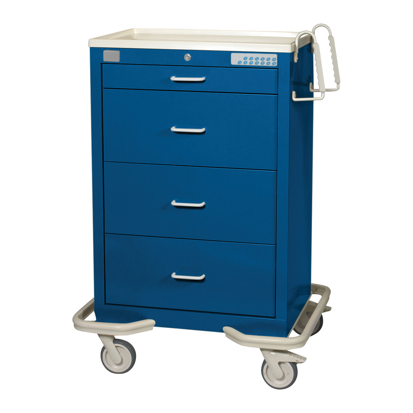AliMed Standard Series 4-Drawer Isolation Cart with Proximity Lock, featuring a blue body, four drawers, and swivel wheels.