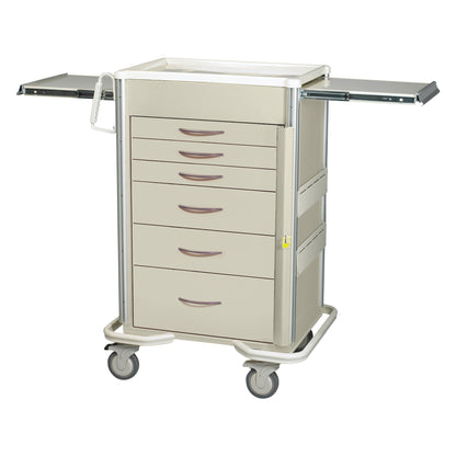 AliMed Select Series 6-Drawer Emergency Cart, 30" Drawer Space, with retractable side trays and caster wheels, designed for medical use.
