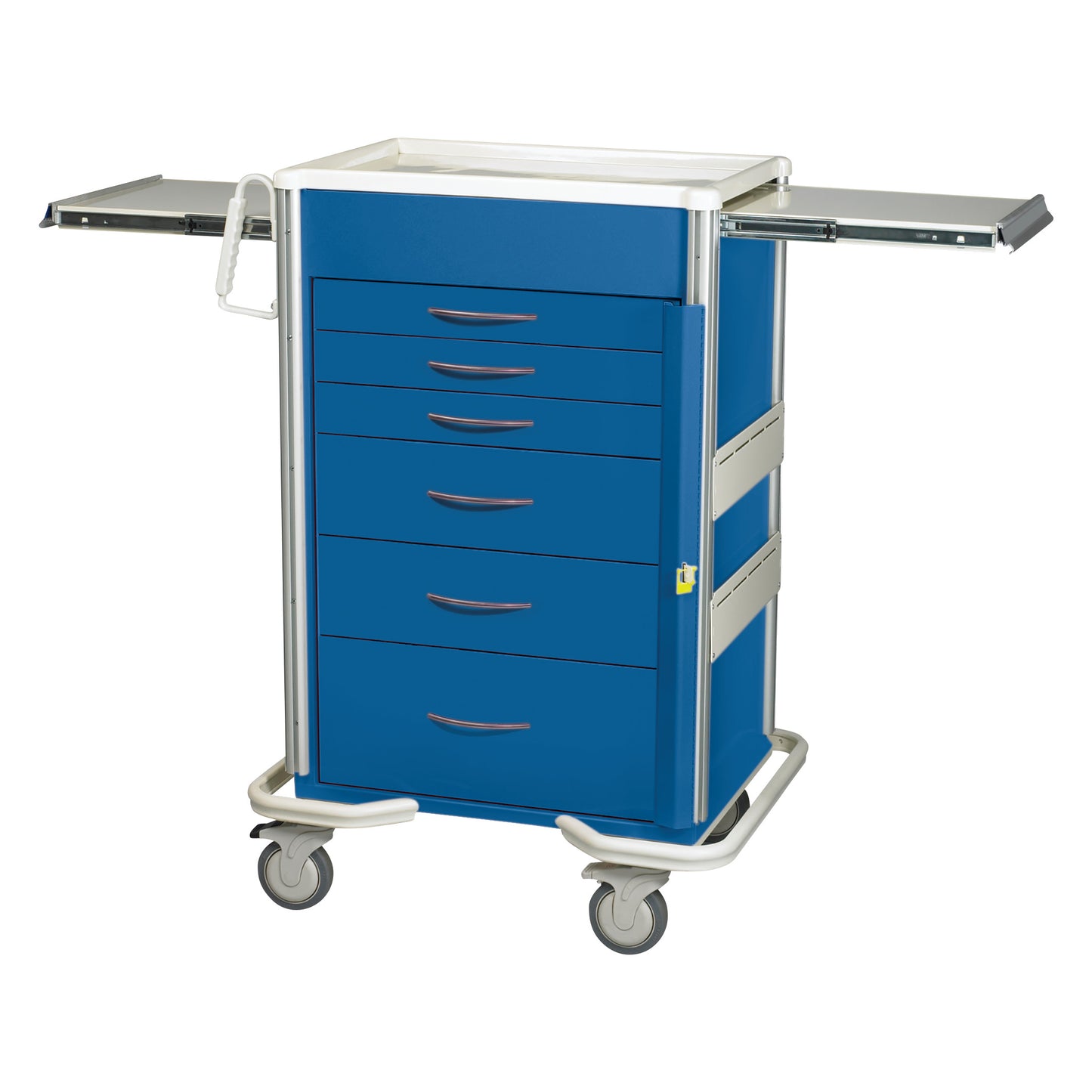 AliMed Select Series 6-Drawer Emergency Cart with 30" drawer space in blue. It has six drawers, side handles, and caster wheels.
