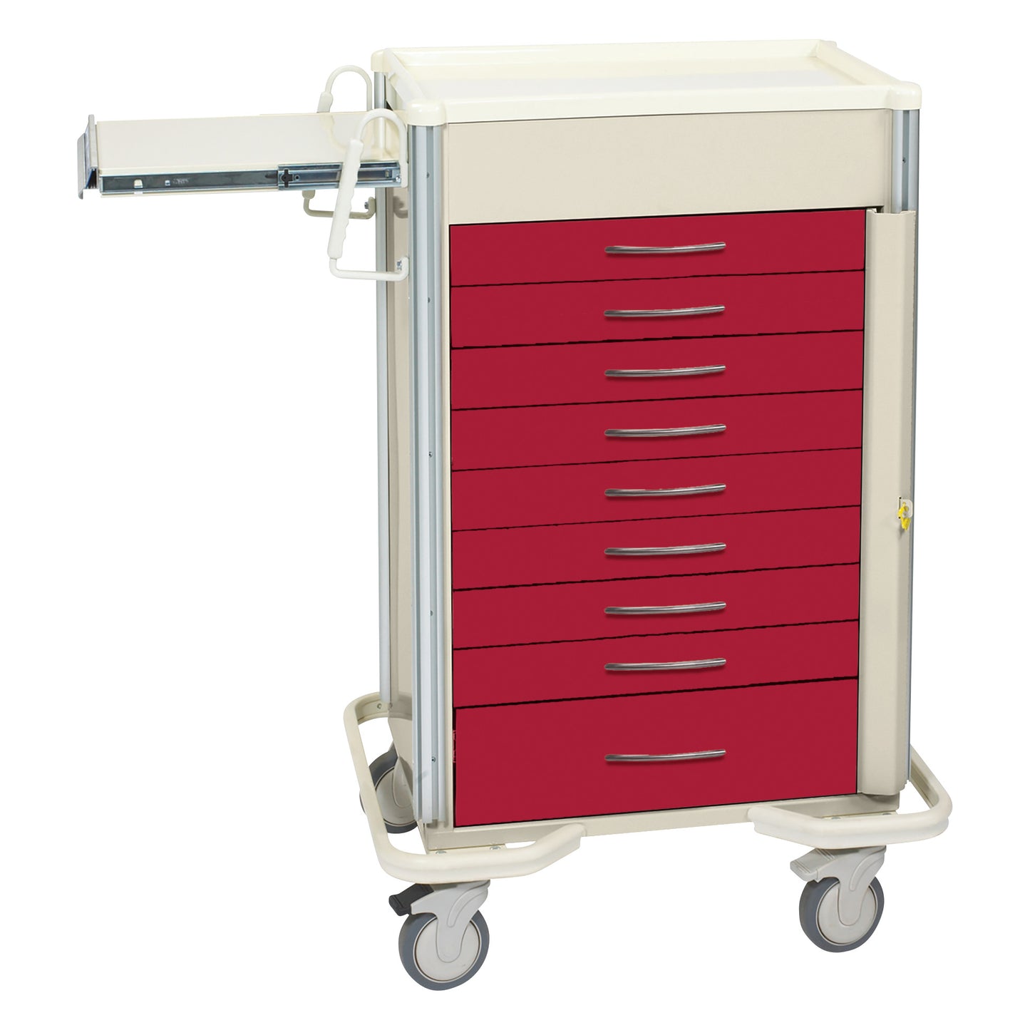 AliMed Select Series 9-Drawer Emergency Cart with red drawers, beige frame, and wheels, featuring a side pull-out shelf.