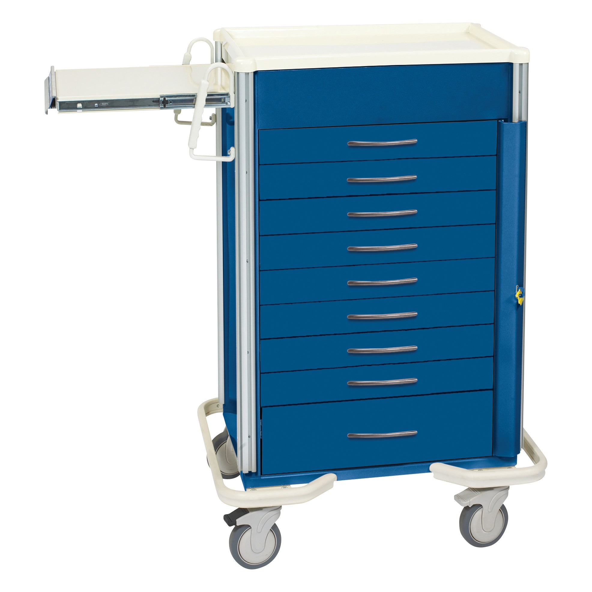 The AliMed Select Series 9-Drawer Emergency Cart is blue with grey handles, has wheels, and an extended side tray.