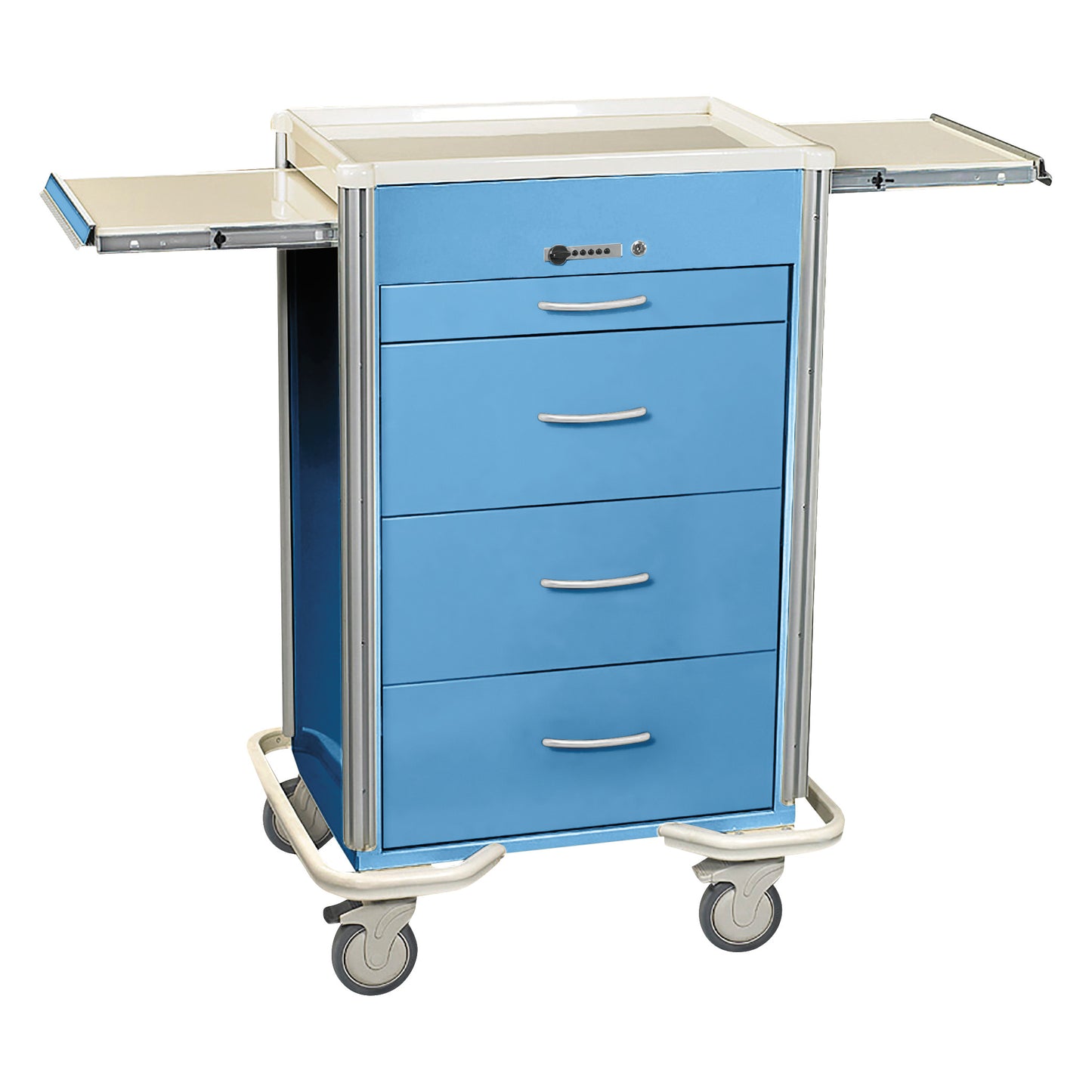AliMed Select Series 4-Drawer Isolation Cart with Push-Button Lock, blue with wheels and two extendable trays on top.