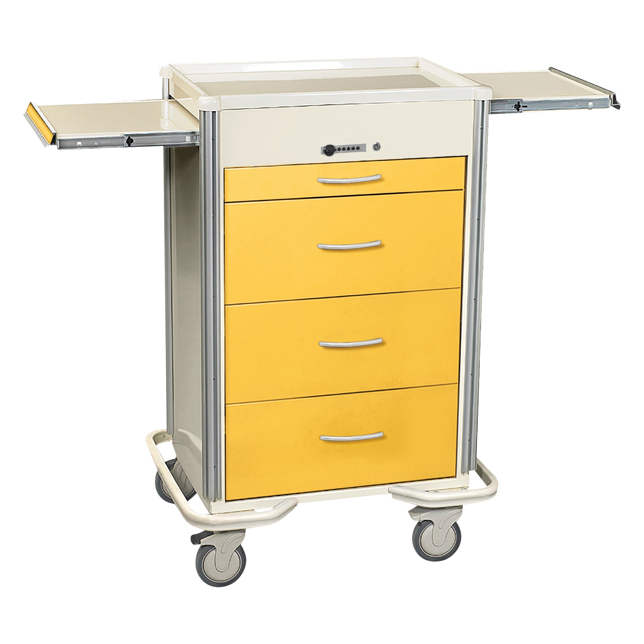 The AliMed Select Series 4-Drawer Isolation Cart features yellow drawers, a push-button lock, extendable side trays, and wheels.