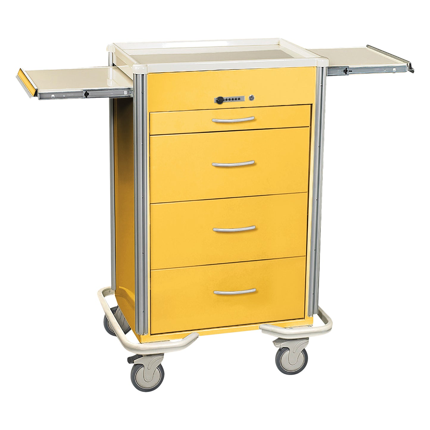 Yellow AliMed Select Series 4-Drawer Isolation Cart with Push-Button Lock, featuring extendable side trays and caster wheels.