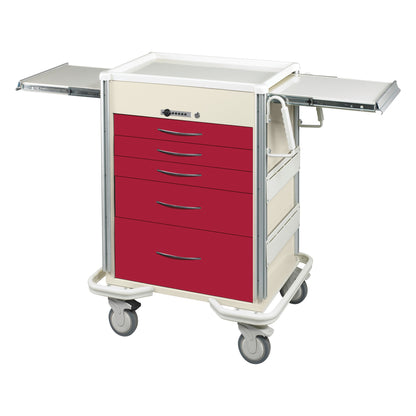 AliMed Select Series 5-Drawer Anesthesia/Procedure Cart with Push-Button Lock, featuring red drawers and extendable side trays.
