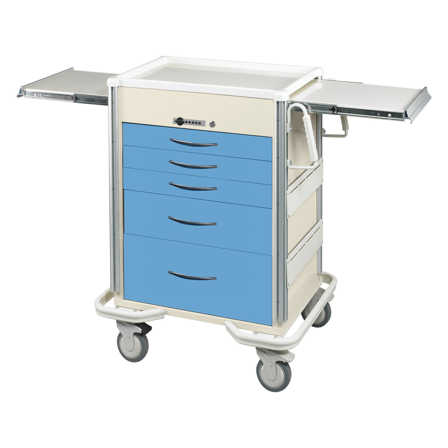 The AliMed Select Series 5-Drawer Anesthesia/Procedure Cart with Push-Button Lock features blue drawers and two side trays.