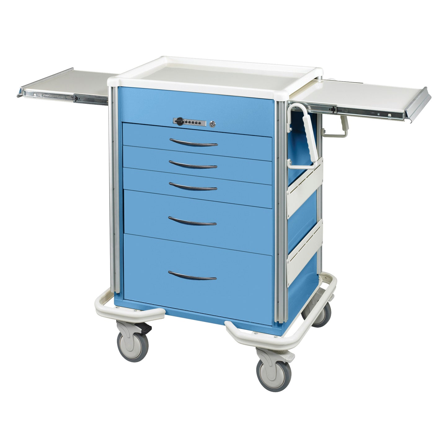AliMed Select Series 5-Drawer Anesthesia/Procedure Cart with Push-Button Lock, featuring a blue finish and extendable side trays.