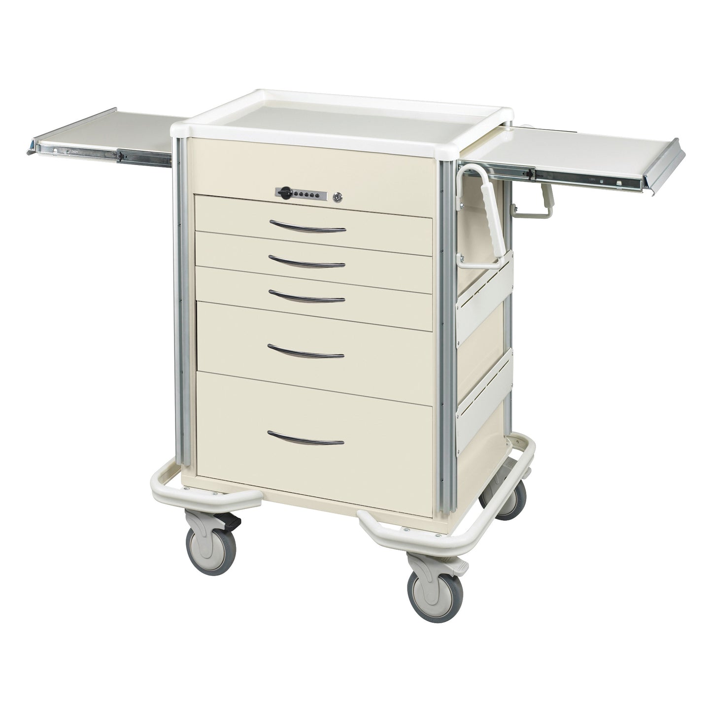 The AliMed Select Series 5-Drawer Anesthesia/Procedure Cart features a push-button lock, wheels, and side extensions.
