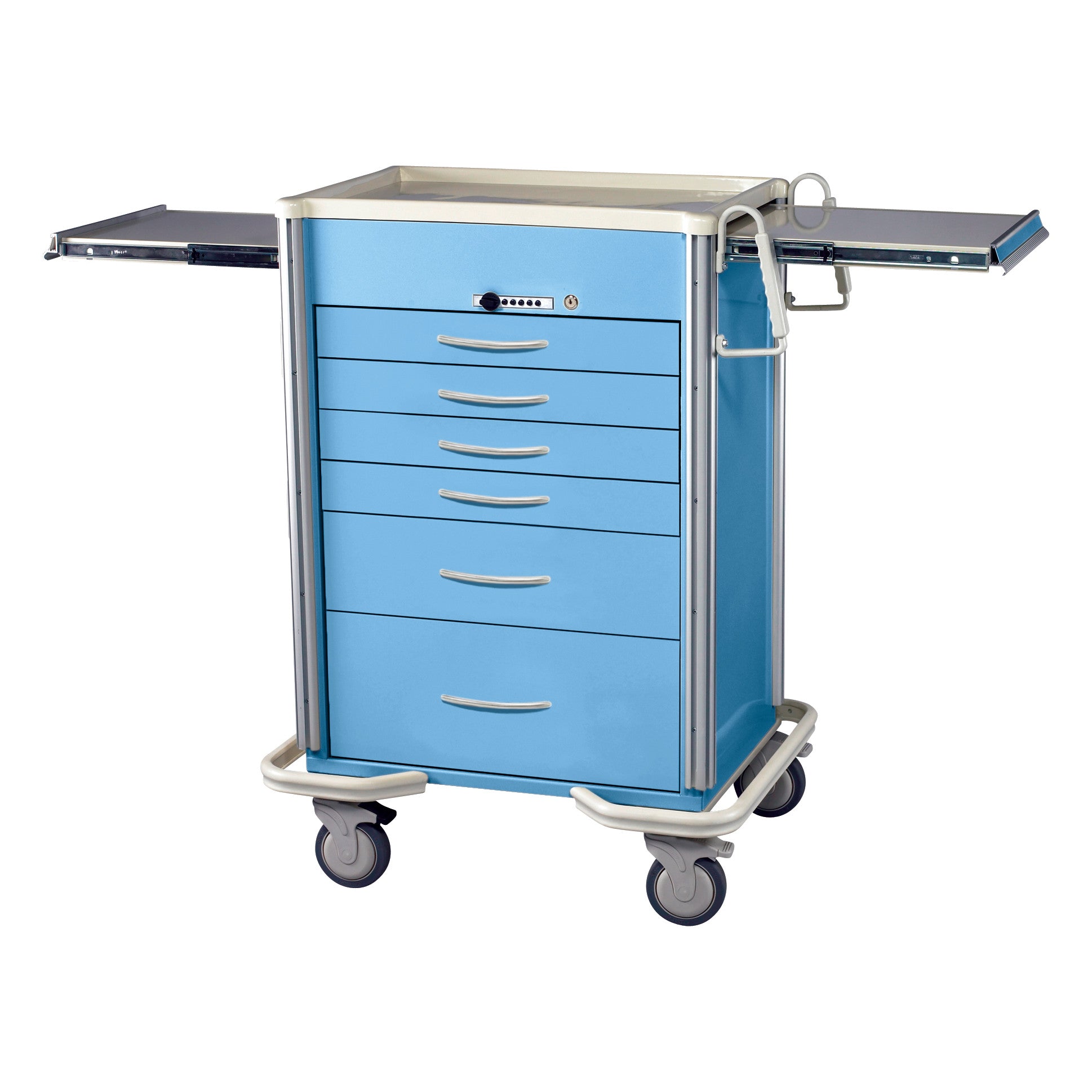 A blue AliMed Select Series 6-Drawer Anesthesia/Procedure Cart with Push-Button Lock, 30" Drawer Space featuring side pull-out tables.