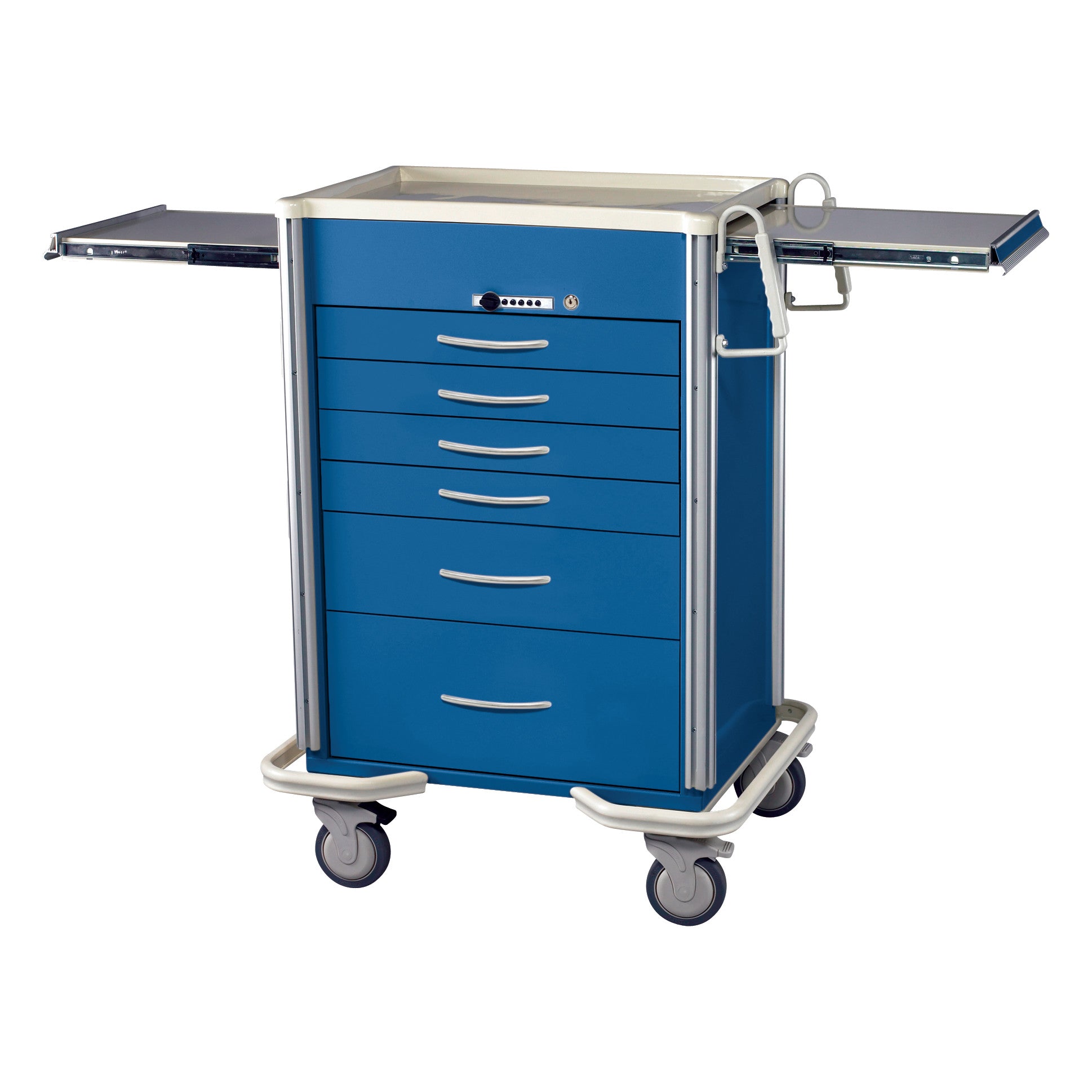 AliMed Select Series 6-Drawer Anesthesia/Procedure Cart with Push-Button Lock, 30" Drawer Space. It has blue drawers and wheels.