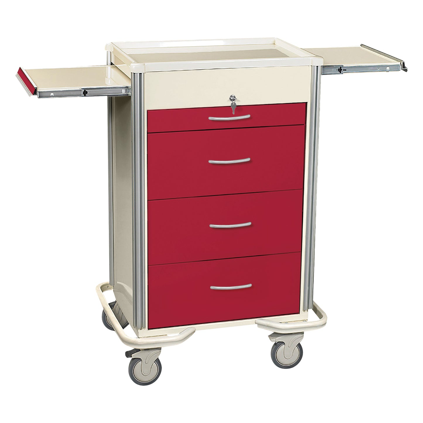 The AliMed Select Series 4-Drawer Isolation Cart with Key Lock is red with side extensions and wheels for mobility.