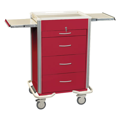 Red AliMed Select Series 4-Drawer Isolation Cart with Key Lock, featuring side trays and caster wheels for mobility.