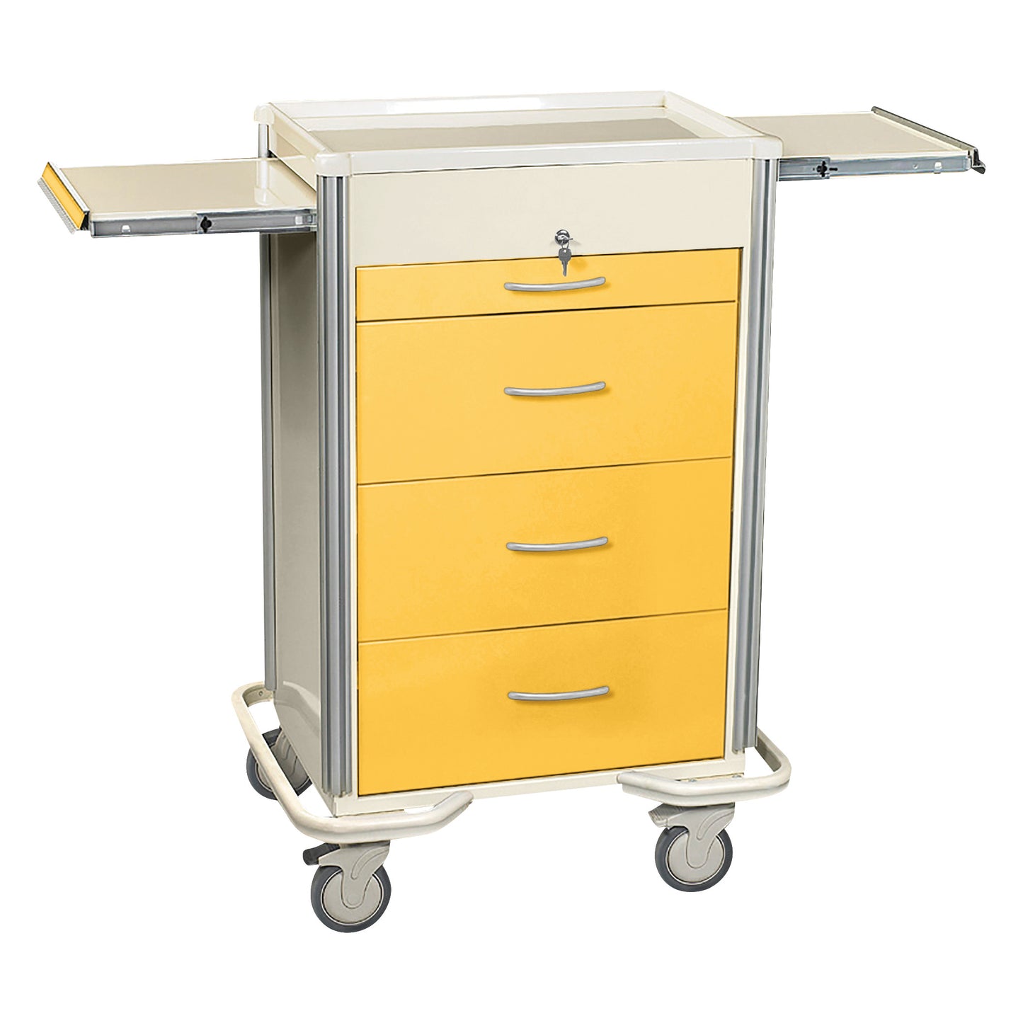 AliMed Select Series 4-Drawer Isolation Cart with Key Lock, featuring yellow drawers, two side trays, and wheels for mobility.