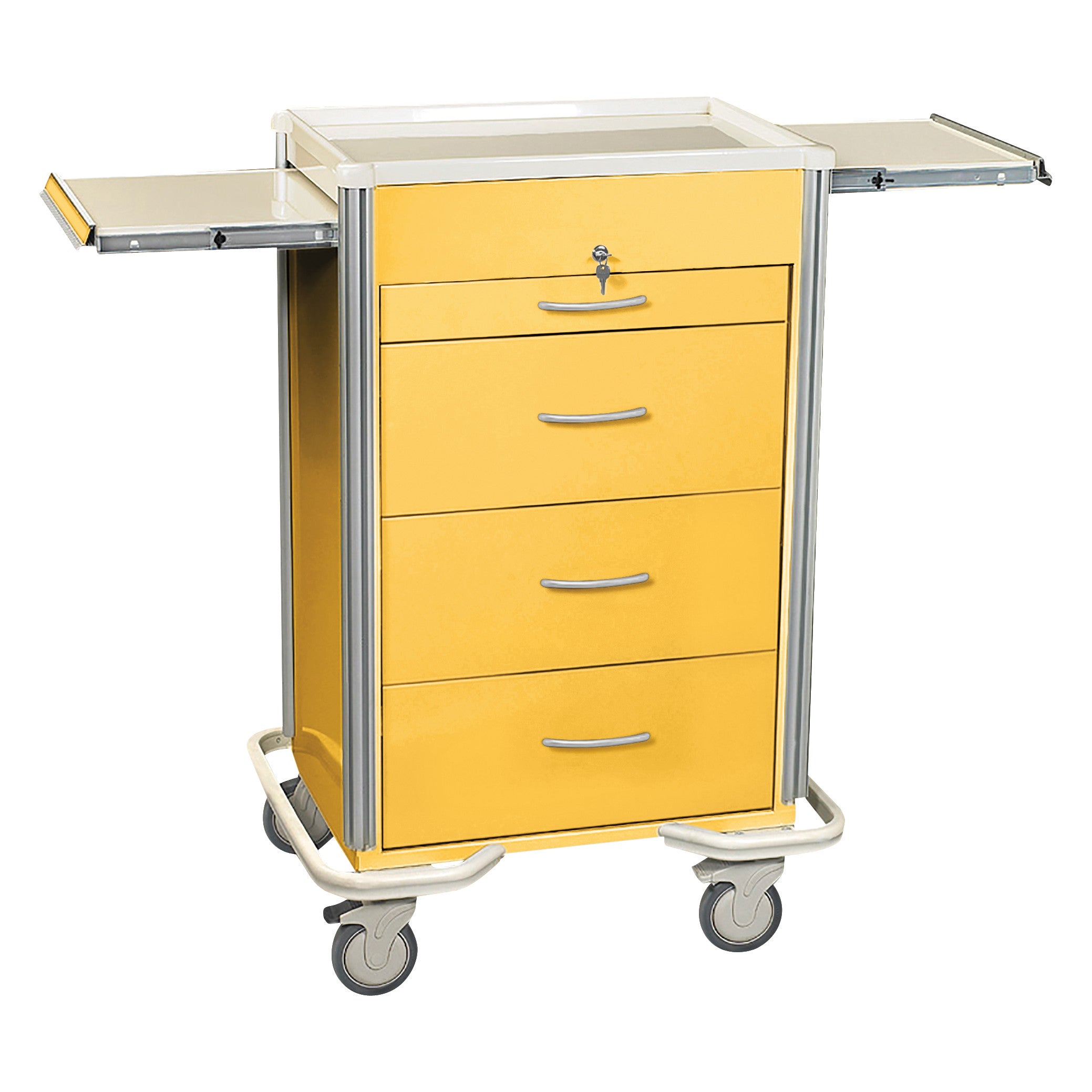 Yellow AliMed Select Series 4-Drawer Isolation Cart with Key Lock, featuring four drawers, two side pull-outs, and caster wheels.