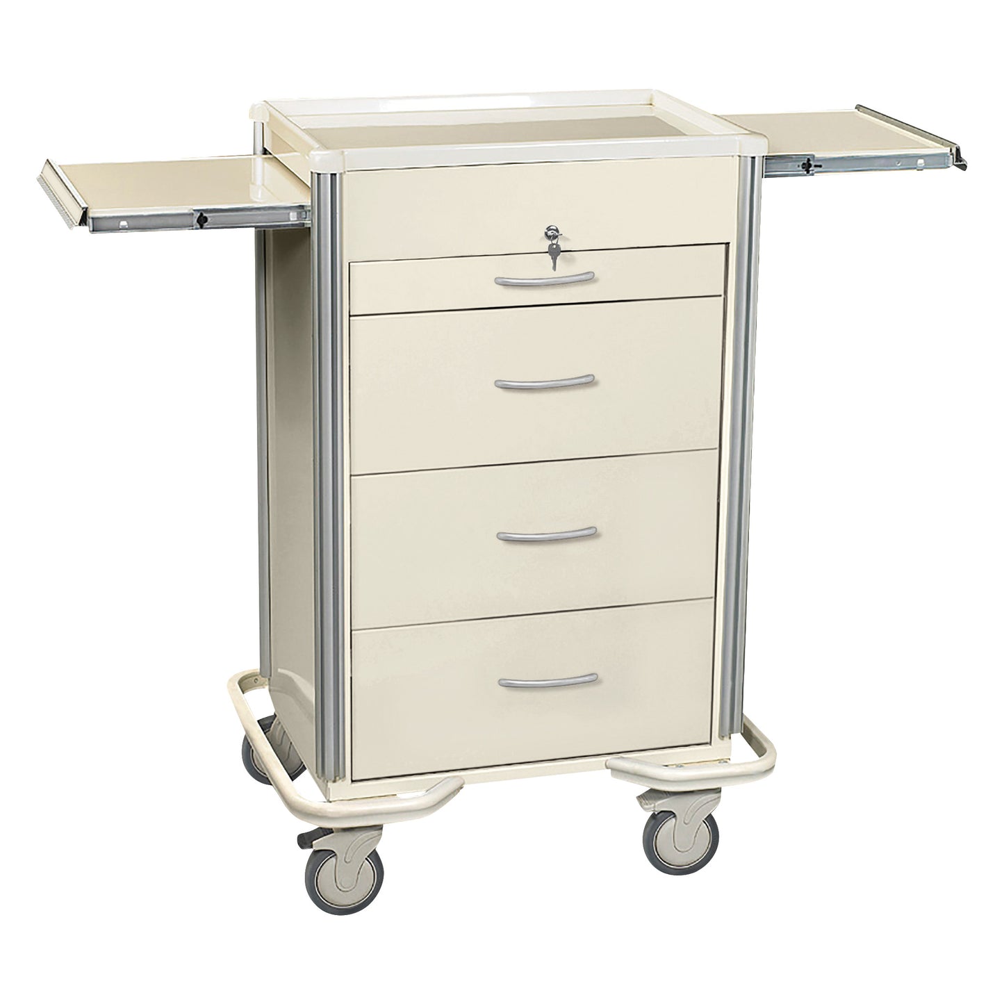 AliMed Select Series 4-Drawer Isolation Cart with Key Lock, featuring side extensions and wheels, in a light beige color.