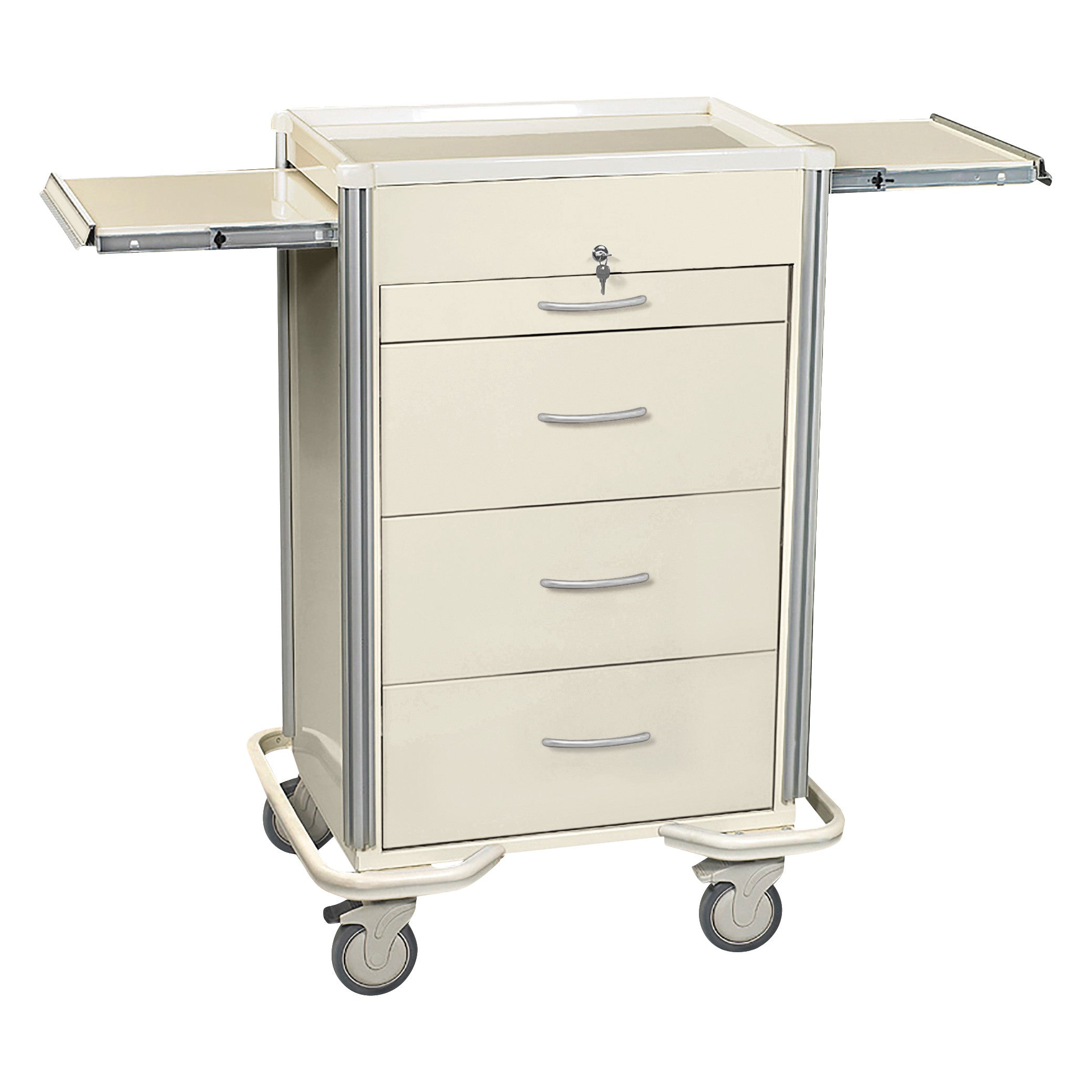 AliMed Select Series 4-Drawer Isolation Cart with Key Lock, featuring extendable side trays and four caster wheels.