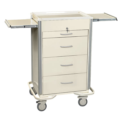 AliMed Select Series 4-Drawer Isolation Cart with Key Lock, featuring extendable side trays and four caster wheels.