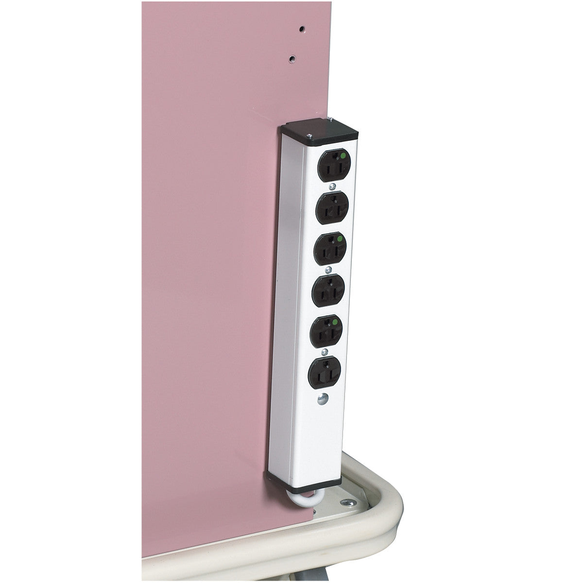 AliMed Cart Accessory: Six-Outlet Strip for Select/Standard/Wide Series Medical Carts attached vertically to a pink cart side.