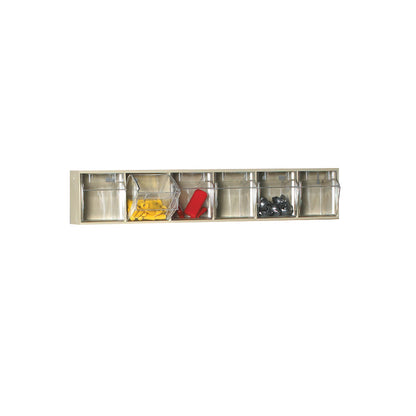 AliMed Cart Accessory: Tilt Bins for Select/Standard/Wide Series Medical Carts, featuring five clear bins with various contents.